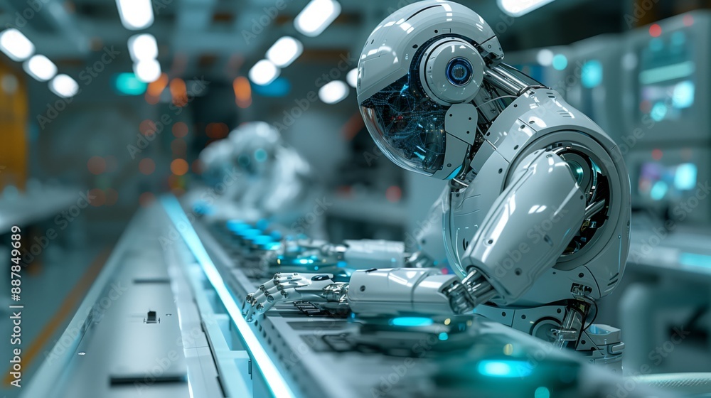 A robot with articulated arms works on a futuristic assembly line in a clean, modern manufacturing facility. A robot with articulated arms works on a futuristic assembly line in a clean, modern manufacturing facility.
