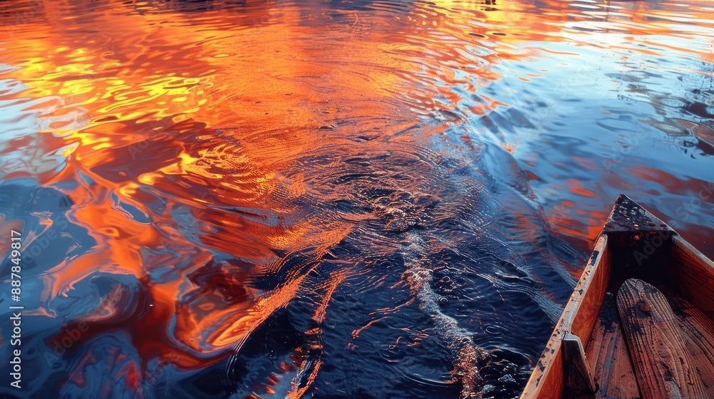 Sunset hues mirrored in the water stirred by the boat s oar Sunset hues mirrored in the water stirred by the boat s oar