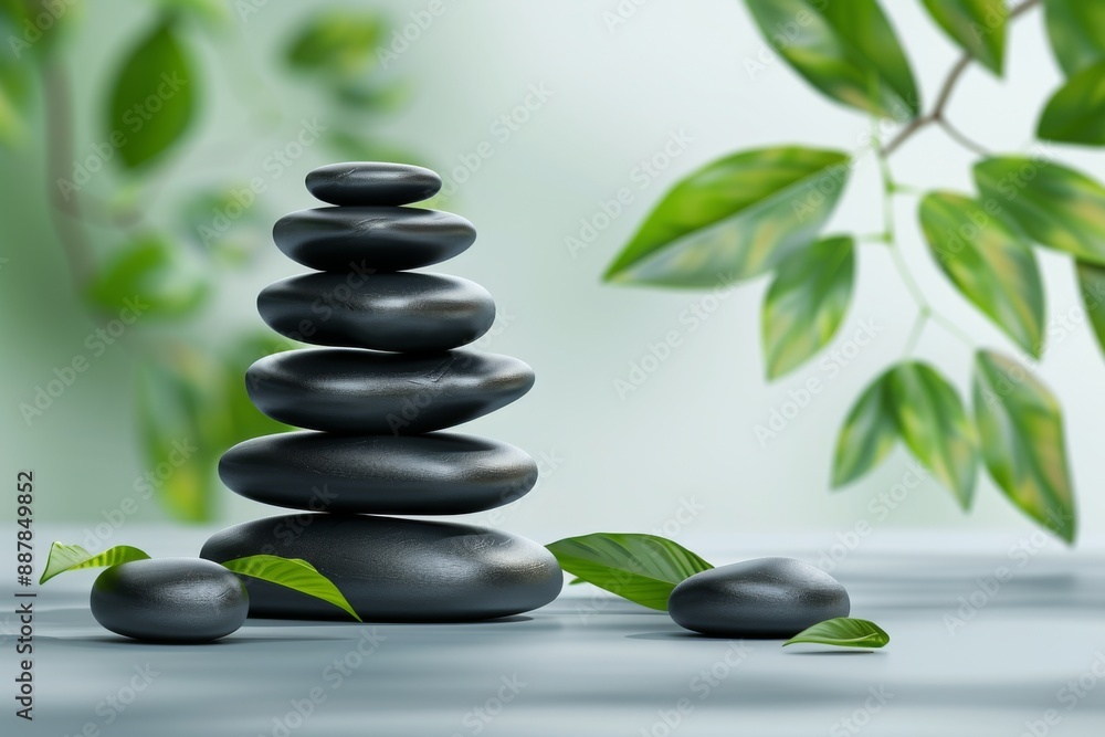 Zen Stones and Green Leaves in Soft Light for Tranquil Natural Balance Zen Stones and Green Leaves in Soft Light for Tranquil Natural Balance