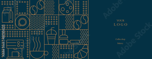 Hand drawn illustration of Bakery and Coffee. Icons. Abstract geometric line background. Gold luxury. Pattern for cover design, food package, menu, background, café wall, coffee shop, web banner
