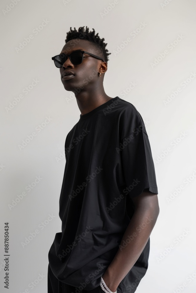Obraz premium a man is standing in a white room, the background is white, the man is waring a black oversized fit t-shirt, 