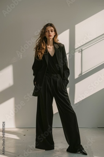 A model wearing black wide leg pants and an oversized blazer in a simple style with a minimalistic background for fashion photography in a full body shot with natural lighting