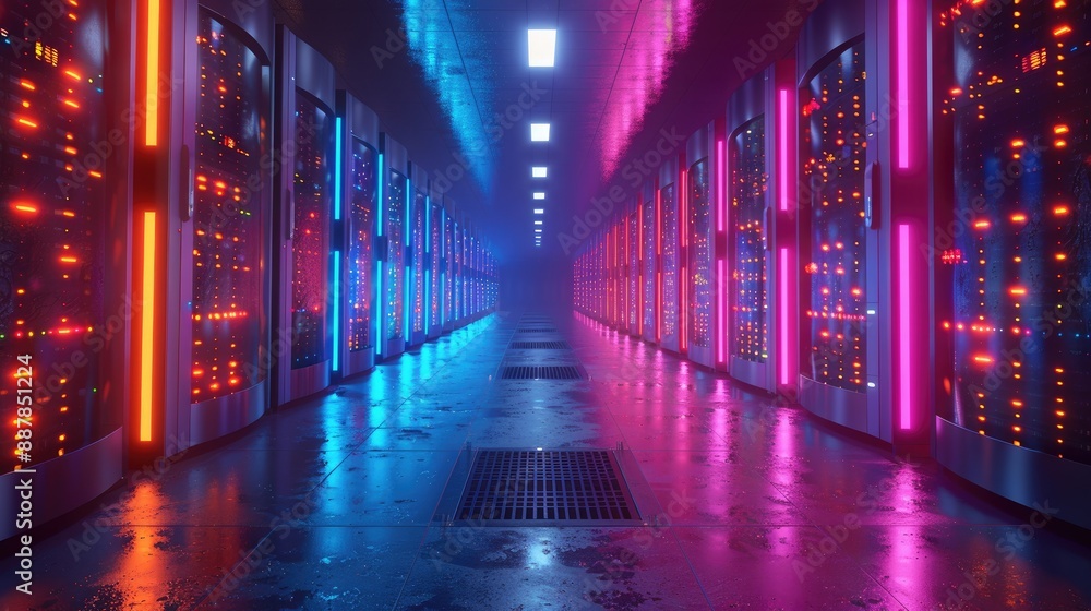 A futuristic data center with vibrant, colorful LED lights along the corridor, showcasing high-tech servers and equipment. A futuristic data center with vibrant, colorful LED lights along the corridor, showcasing high-tech servers and equipment.