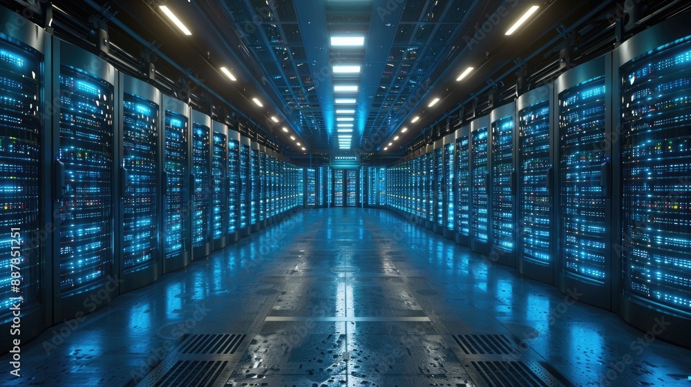 A futuristic data center with rows of illuminated server racks and a polished floor, showcasing advanced technology and infrastructure. A futuristic data center with rows of illuminated server racks and a polished floor, showcasing advanced technology and infrastructure.