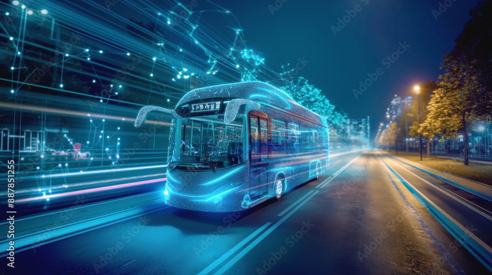 Fototapeta premium Futuristic electric bus with digital elements and dynamic light trails on a city street at night, emphasizing advanced technology and modern transportation.