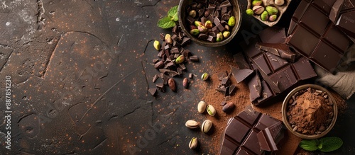 Still life composition featuring chocolate pistachios and cocoa with copy space image