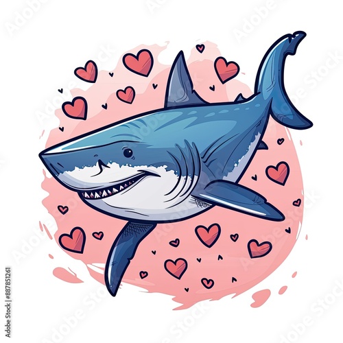 drawing cartoon-style of Shark, with hearts in the background, colorful illustrations, clean and simple designs, bold colors, and high resolution isolated on a white background photo