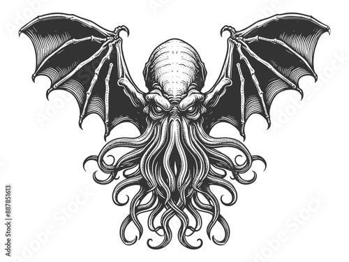 Cthulhu tattoo with bat-like wings and tentacles, evoking a classic and mythical feel sketch engraving generative ai vector illustration. Scratch board imitation. Black and white image.