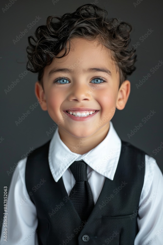 A photo of an attractive young boy with black hair, blue eyes and wearing white shirt black tie and vest on isolated background. A photo of an attractive young boy with black hair, blue eyes and wearing white shirt black tie and vest on isolated background.