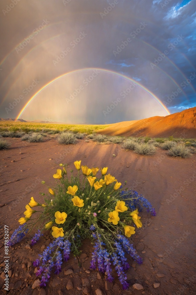 Double Rainbow Over Desert Wildflowers. Double Rainbow Over Desert Wildflowers.