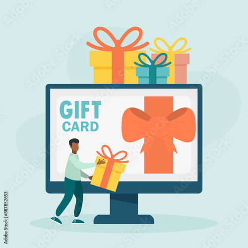 Online gift card, certificate, voucher or coupon on computer screen. Character and sale, loyalty program, bonuses, marketing. Vector illustration	