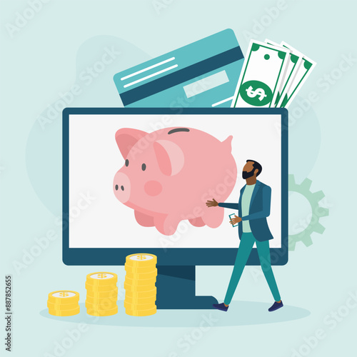 Financial growth of people. Money box. Personal finance, money savings, emergency fund, personal capital, insurance. Cash cushion online. Vector illustration.	