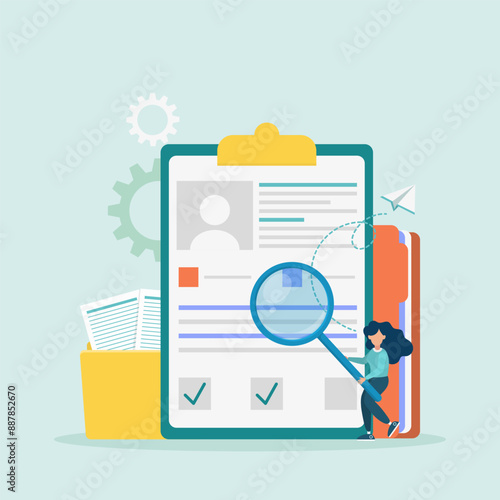 Recruitment agency, personnel service, recruitment network concept. The manager is looking for a candidate in a huge resume for the position. Vector illustration.	