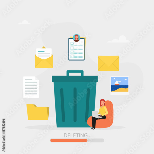 Delete concept. The character deletes data and moves unnecessary files to a large trash bin. Cleaning digital memory. Vector illustration.	
