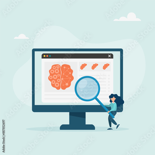 Neuroscience and brain research concept. The human brain and psychology. A character examines a head tomography scan on the screen. Vector illustration.
