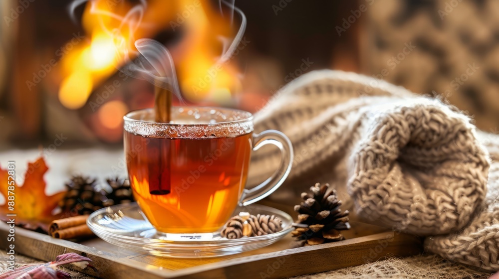 Cozy autumn tea with cinnamon stick and warm fireplace. Cozy autumn tea with cinnamon stick and warm fireplace.