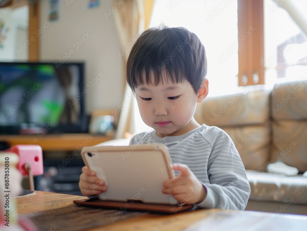 タブレットPCを見るアジア人の子ども タブレットPCを見るアジア人の子ども