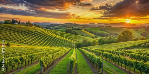 Wallpaper Mural Warm sunset hues illuminate rolling hills of lush green vineyard rows, stretching towards the horizon in a serene and idyllic summer landscape. Torontodigital.ca