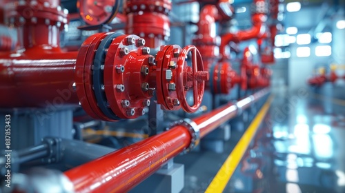 Industrial Water Pipes and Valves in a Modern Factory Setting with Red Coating and Metal Components