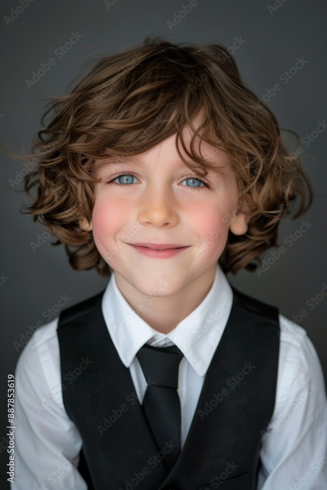 A photo of an attractive young boy with brown hair, blue eyes and wearing white shirt black tie and vest on isolated background. A photo of an attractive young boy with brown hair, blue eyes and wearing white shirt black tie and vest on isolated background.