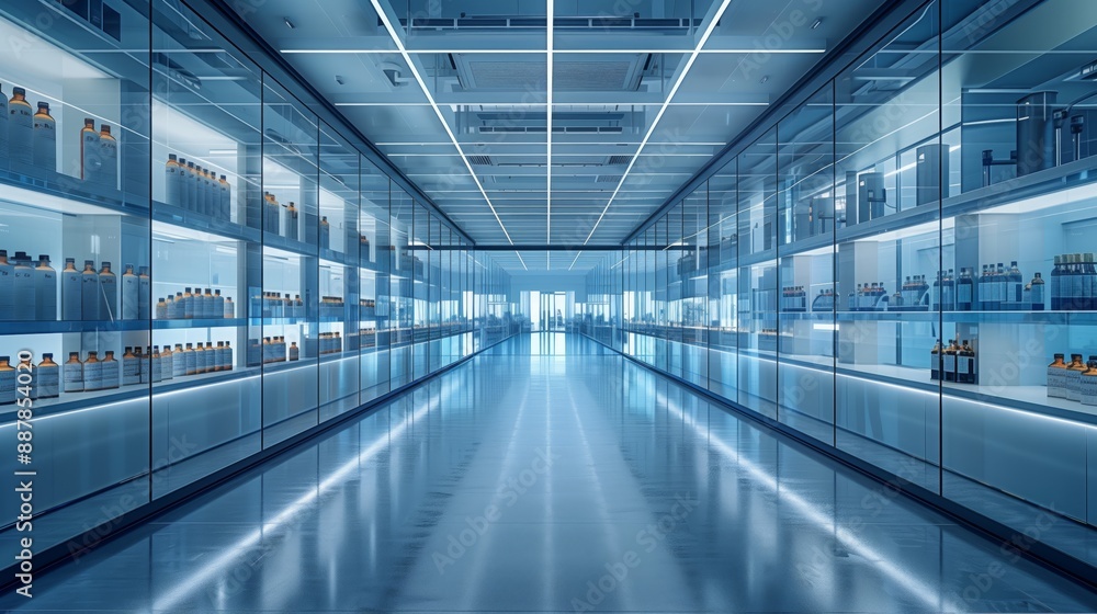 A modern corridor with glass walls and shelves filled with containers, illuminated by bright overhead lighting. A modern corridor with glass walls and shelves filled with containers, illuminated by bright overhead lighting.