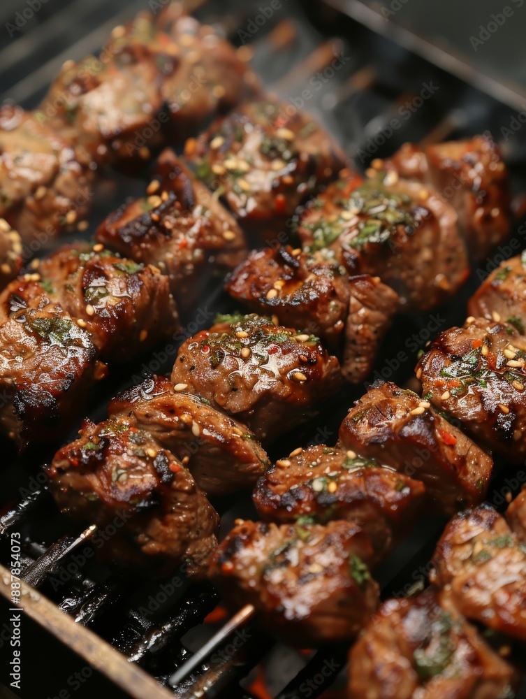 Closeup of Barbecue Beef Kebabs with Smoky Goodness Closeup of Barbecue Beef Kebabs with Smoky Goodness