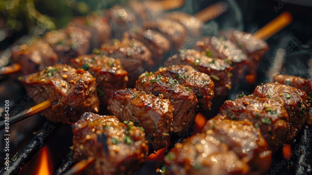 Closeup of Barbecue Beef Kebabs with Smoky Goodness Closeup of Barbecue Beef Kebabs with Smoky Goodness