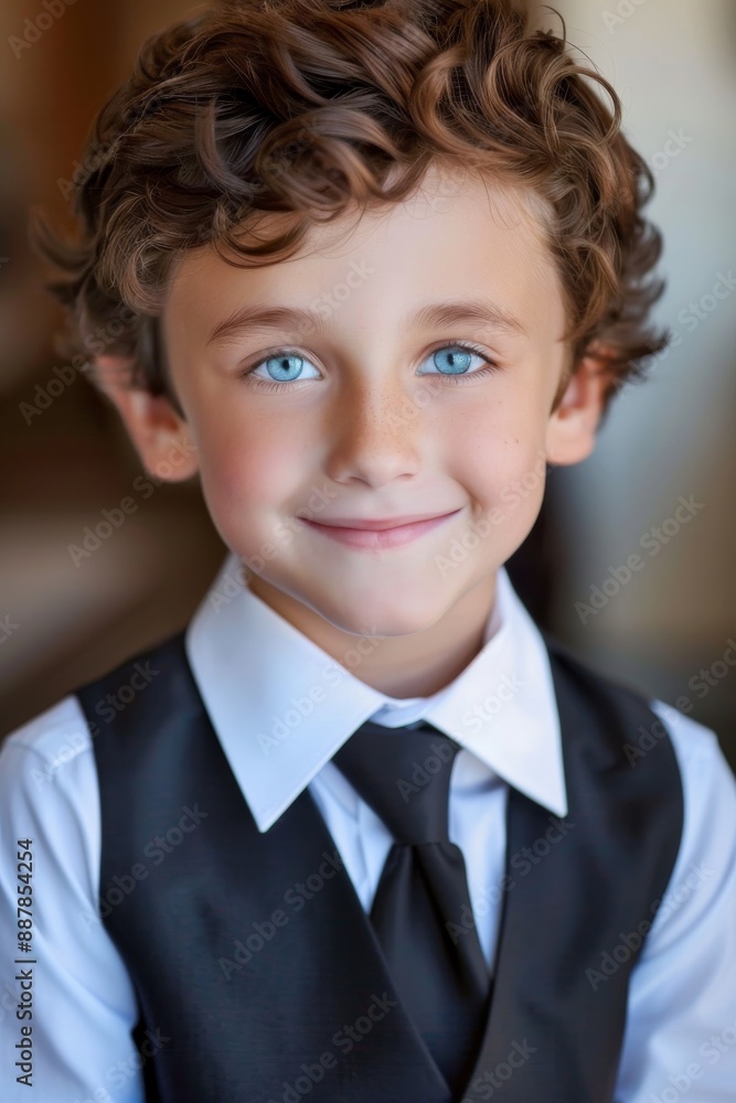 A photo of an attractive young boy with brown hair, blue eyes and wearing white shirt black tie and vest on isolated background. A photo of an attractive young boy with brown hair, blue eyes and wearing white shirt black tie and vest on isolated background.