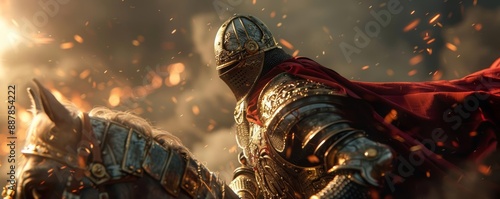 Brave medieval knight in closeup, shining armor on a horse, embodying honor and valor, photorealistic detail, Closeup of Brave Medieval Knight in Shining Armor on Horseback