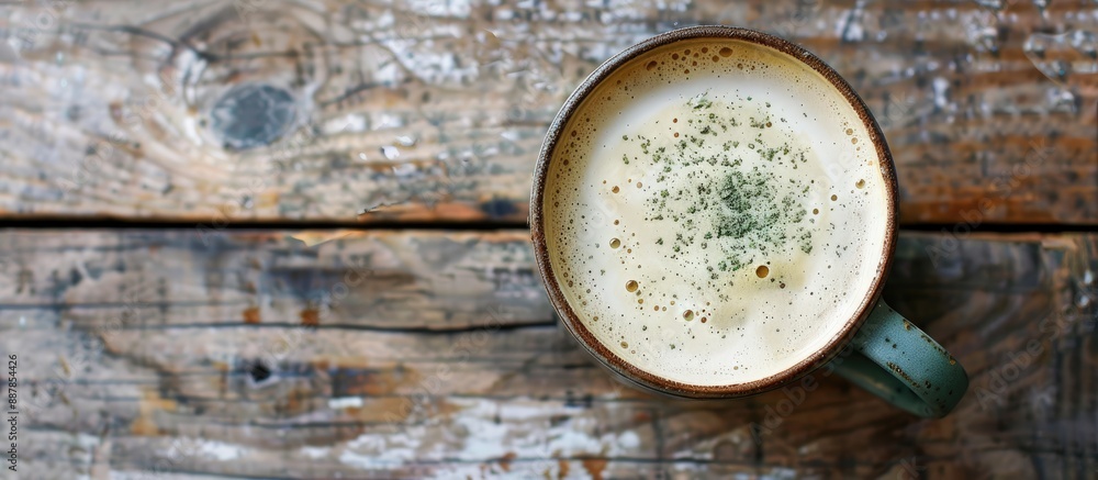 Top view of a coffee cup with frothy matcha on a wooden surface in flat lay style featuring copy space image