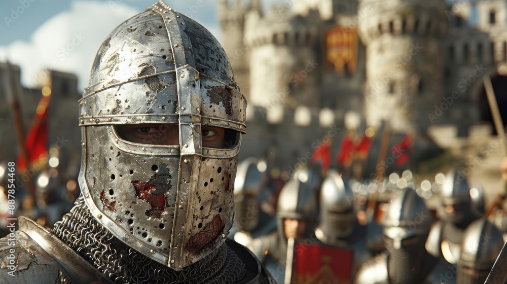 Brave medieval soldiers in closeup, swords drawn, Swords Drawn, Protecting a Castle with a Moat, Photorealistic Detail Brave medieval soldiers in closeup, swords drawn, Swords Drawn, Protecting a Castle with a Moat, Photorealistic Detail