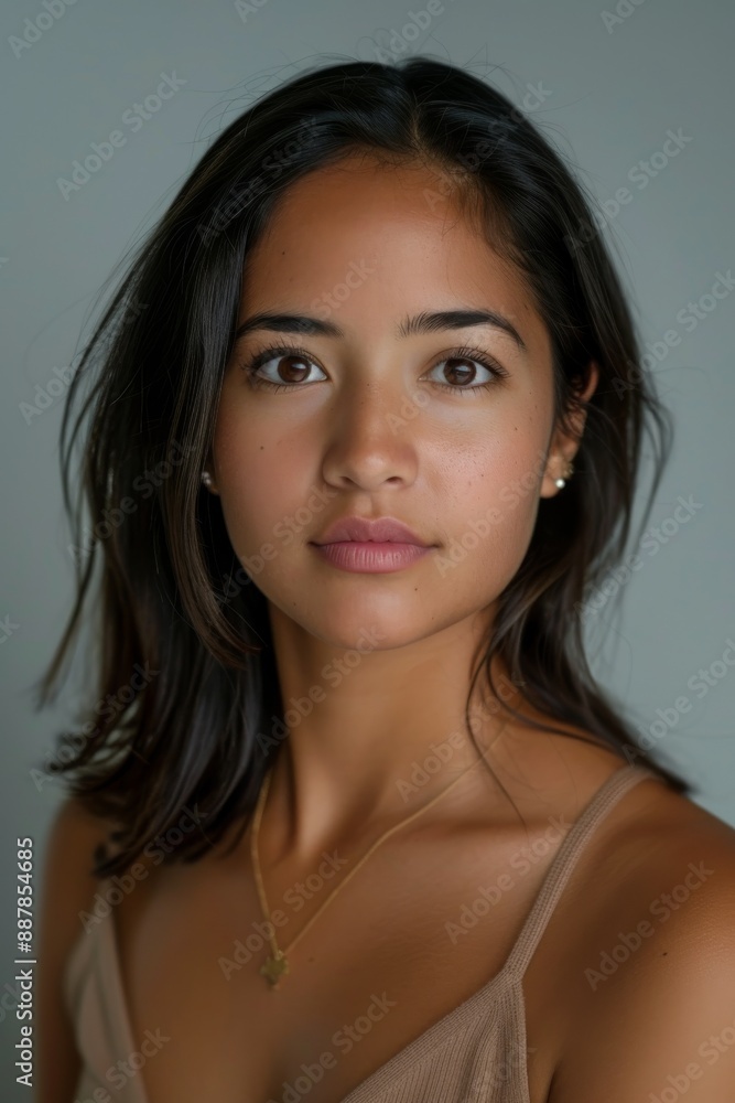 A studio headshot portrait of a young woman in her mid-twenties with Cuban heritage. A studio headshot portrait of a young woman in her mid-twenties with Cuban heritage.
