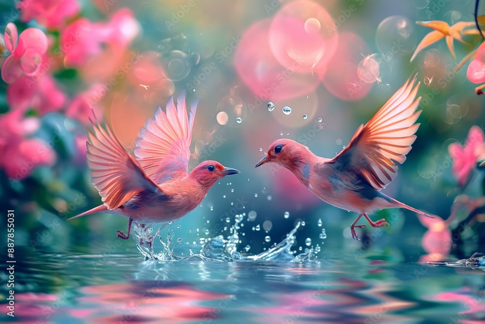 Obraz premium Colorful little birds playing water at a lake