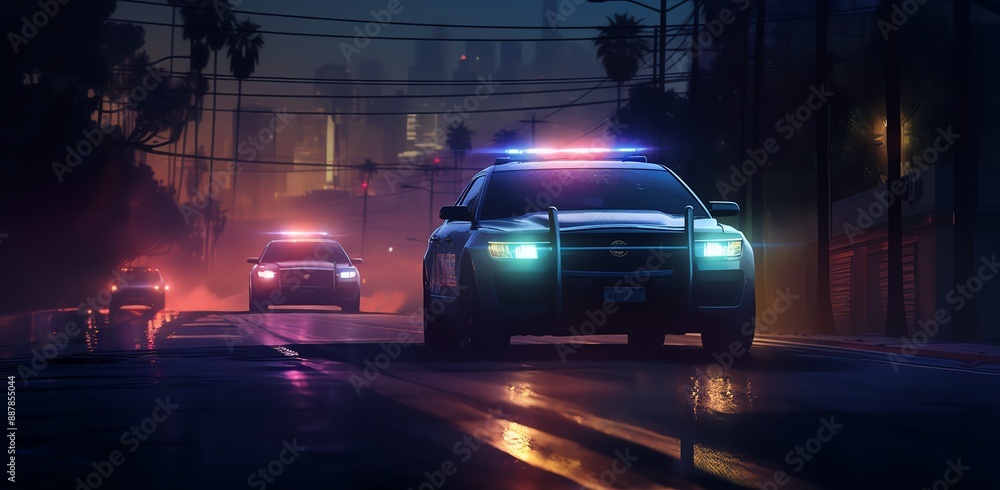 A police car with flashing lights is driving down the street, surrounded by other cars and uniformed officers on either side of it A police car with flashing lights is driving down the street, surrounded by other cars and uniformed officers on either side of it