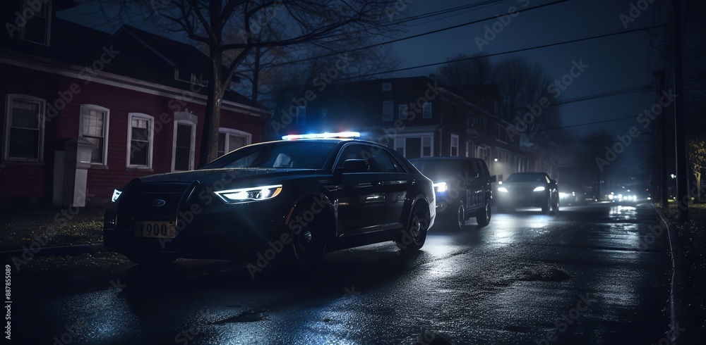 Fototapeta premium A police car with flashing lights is driving down the street, surrounded by other cars and uniformed officers on either side of it