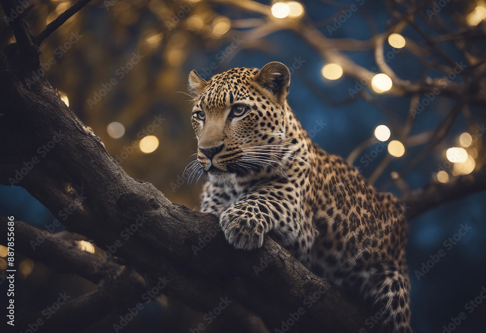 A leopard perched on a tree branch, moonlit night
A leopard perched on a tree branch, moonlit night