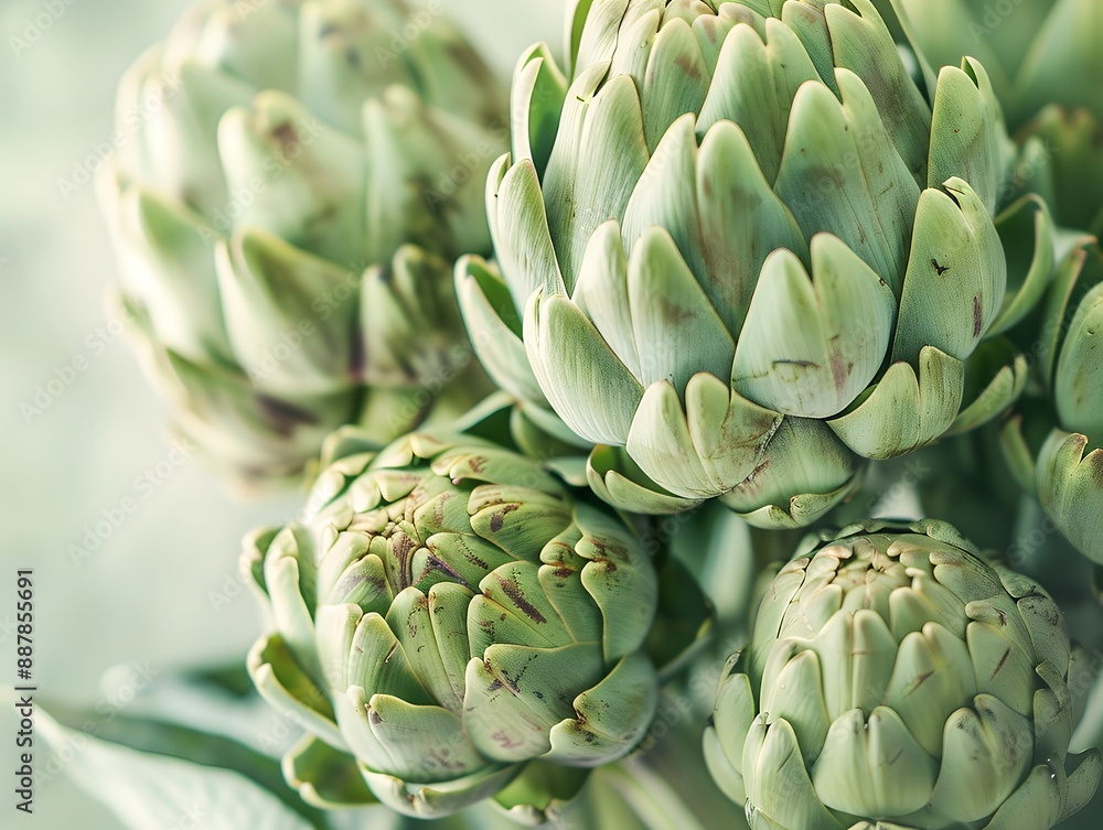 Close-up of fresh artichokes with soft green tones Close-up of fresh artichokes with soft green tones