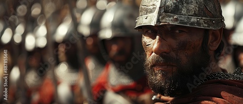 Dynamic and Vivid Scene of Medieval Soldiers with Swords, Guarding the Castle Entrance, Photorealistic Detail