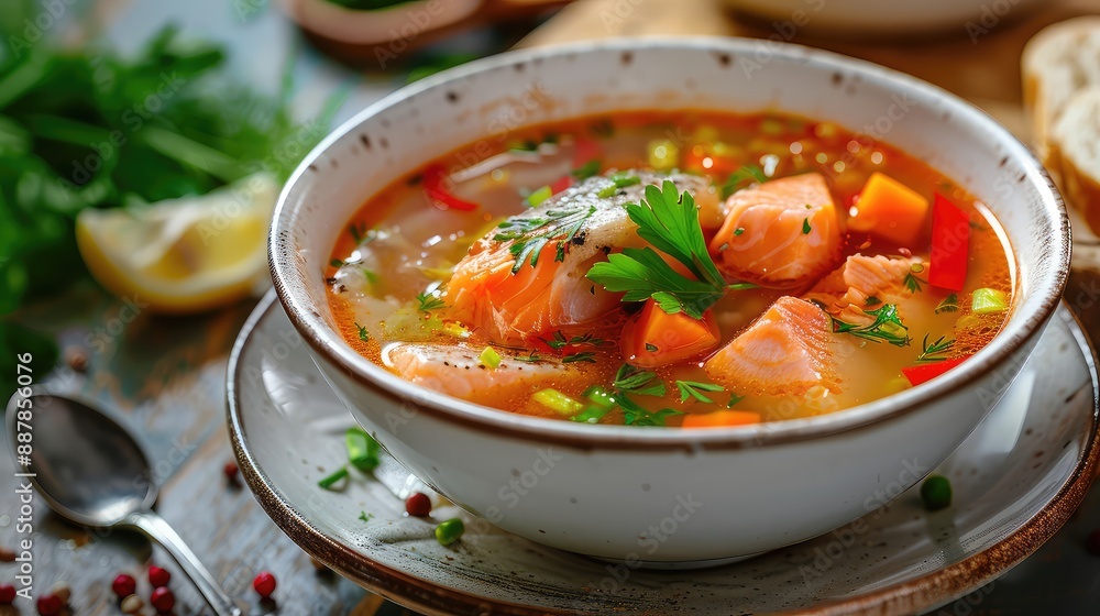 Fish soup on a beautiful background. Selective focus. Fish soup on a beautiful background. Selective focus.