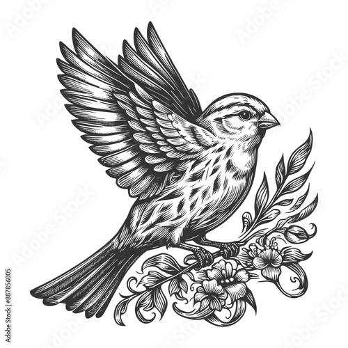 bird on a flowering branch tattoo, classic and elegant botanical feel sketch engraving generative ai vector illustration. Scratch board imitation. Black and white image.