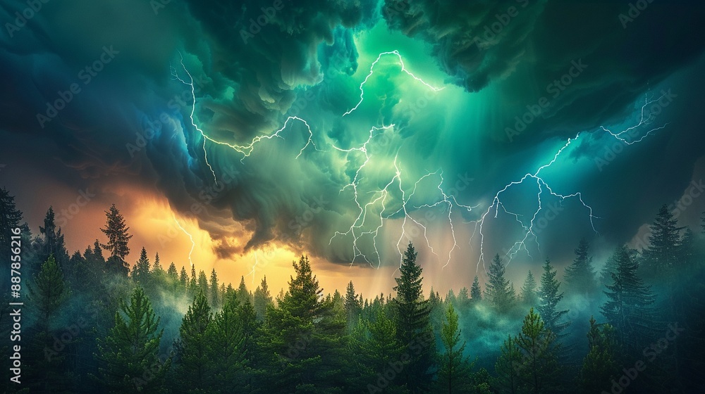 Dark sky with green lightning illuminating a forest clearing, lightning clearing, intense and eerie Dark sky with green lightning illuminating a forest clearing, lightning clearing, intense and eerie