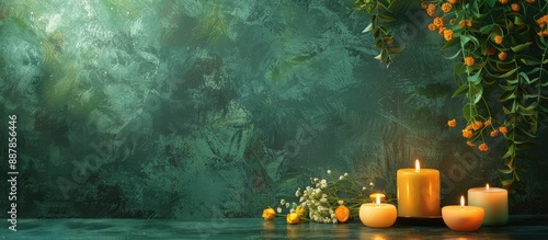 A table near a green wall f...