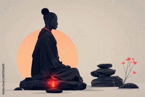 Meditative silhouette of a person in lotus position with candles and zen stones, set against a warm sunset background, evoking peace and mindfulness.