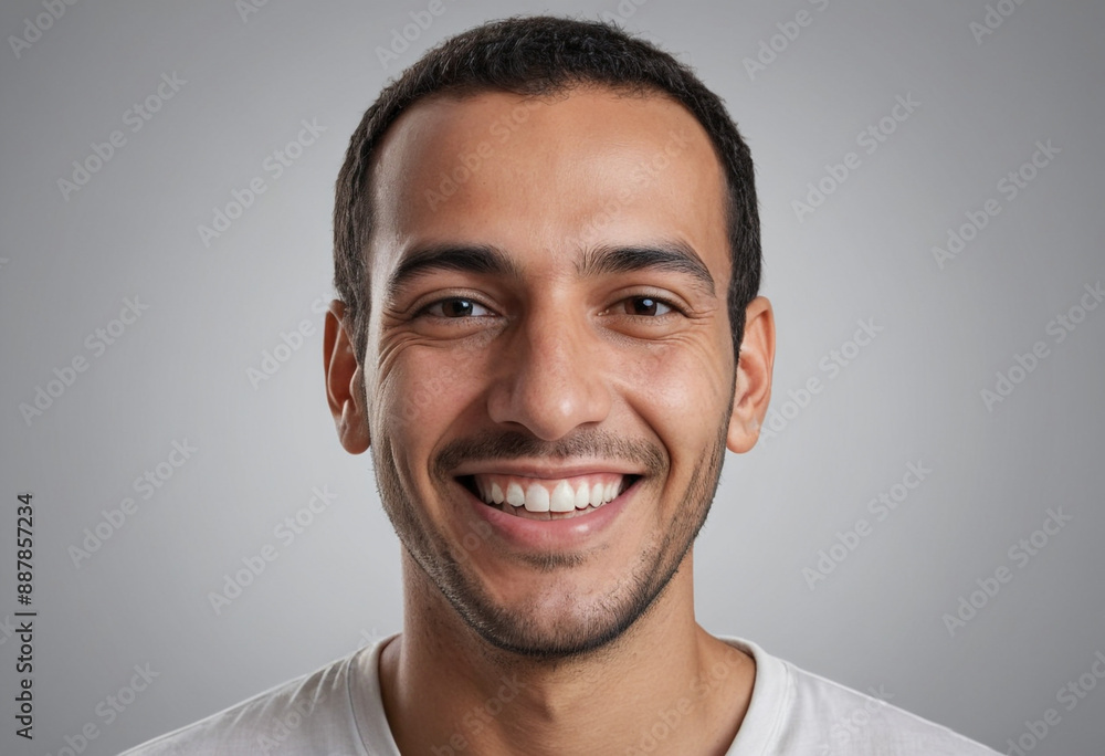 Obraz premium Portrait view of a regular happy smiling Tunisia man, ultra realistic, candid, social media, avatar image, plain solid background