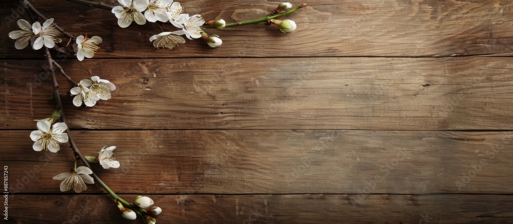 Wooden textured background with a delicate white flowering branch for wedding or Valentine s Day card with copy space image Wooden textured background with a delicate white flowering branch for wedding or Valentine s Day card with copy space image