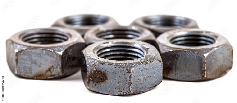 Close up studio macro photograph of a set of steel nuts on an isolated white background showing scratches with copy space image Close up studio macro photograph of a set of steel nuts on an isolated white background showing scratches with copy space image