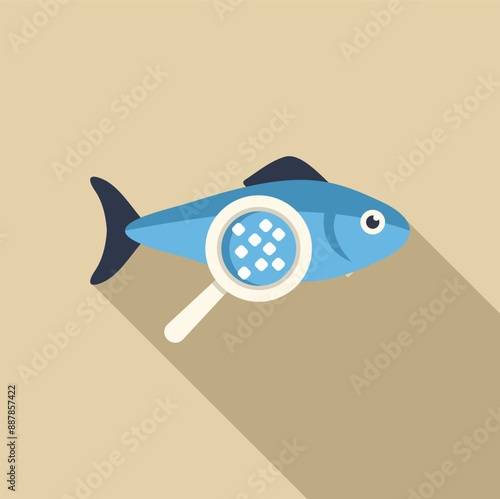 Magnifying glass is hovering over a fish, representing the concept of fish industry research