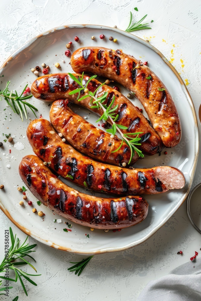 Grilled sausages fried on a plate. Selective focus. Grilled sausages fried on a plate. Selective focus.