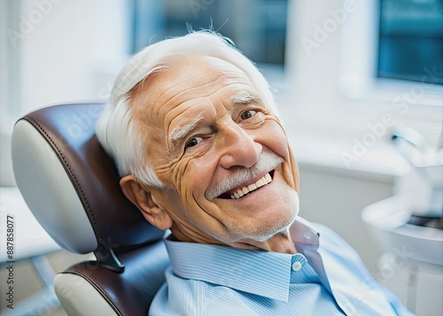 Elderly male patient with white hair is smiling and sitting in a dental chair photo