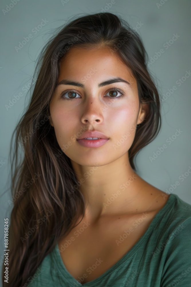 A studio headshot portrait of a young woman in her mid-twenties with Cuban heritage. A studio headshot portrait of a young woman in her mid-twenties with Cuban heritage.